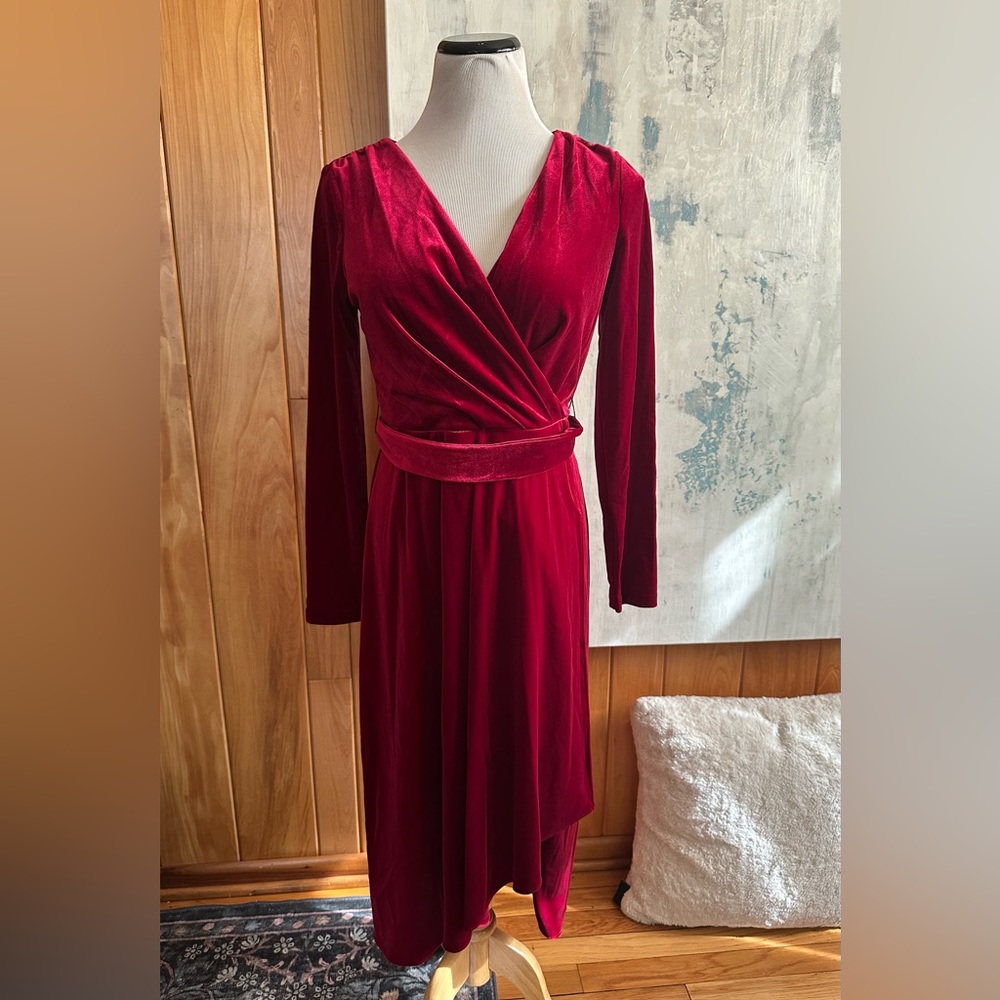 DKNY Long Sleeve Velvet Wrap Dress in Deep Red